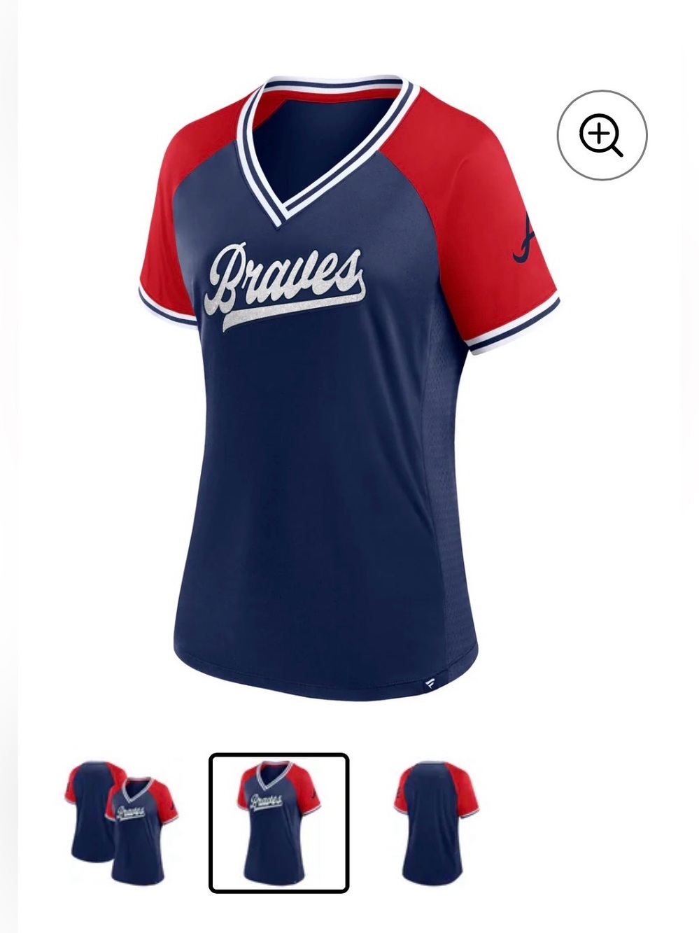 Fanatics Women’s Navy and Red V-Neck Braves Short Sleeve Jersey